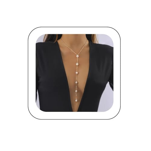 Kenjudess Pearl Y Necklace Sexy Long Pendant Necklace Dainty Pearl Drop Lariat Necklace Backdrop Backless Dress Accessories for Women (Gold) | Amazon (US)