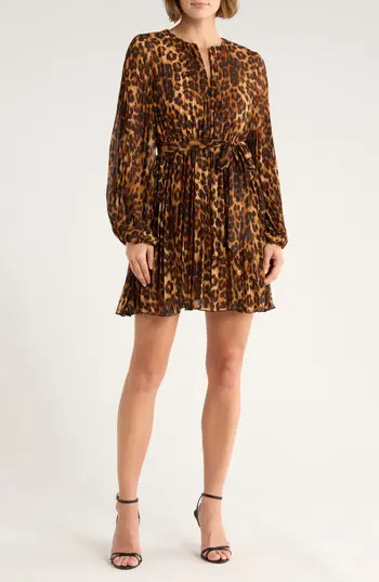 Sam Edelman Pleat Long Sleeve Minidress in Leopard at Nordstrom Rack, Size 2 | Nordstrom Rack
