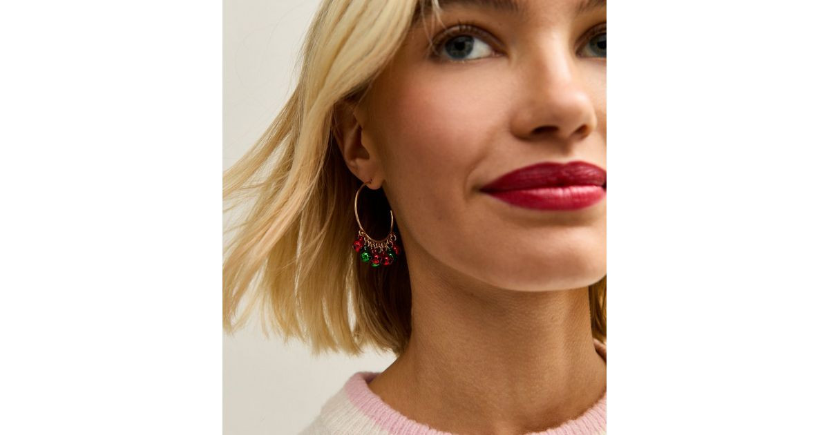 Gold Tone Red and Green Festive Bells Mini Hoop Earrings | New Look | New Look (UK)