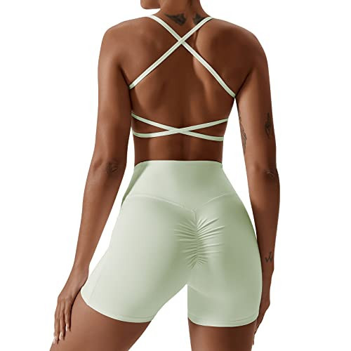 Workout Sets for Womem 2 Piece Criss Cross Back Sport Bra Cross Waist High Waist Booty Shorts with Pocket Exercise Gym Yoga Outfits Cross Back Green X-Large | Amazon (US)