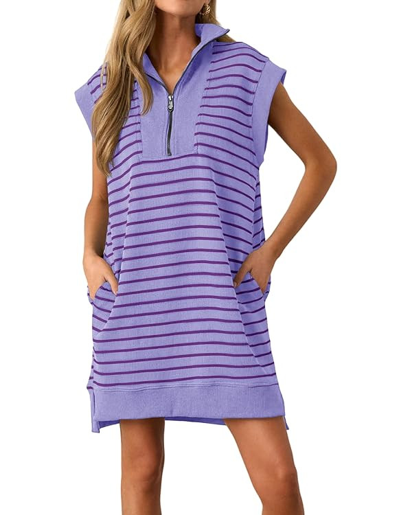 Wenrine Womens Striped Mini Dress Casual Zipper V Neck Cap Sleeve Collared Loose Summer Knit Dres... | Amazon (US)
