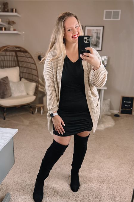 Winter dressy date night oufit inspo 🖤 Black loose to fit bodycon dress. Looser top with a fitted, ruched bottom. Super flattering! Wearing an XL, normally size L/XL on Amazon.

Cardigan is an Amazon Fashion best seller of mine, wearing size Large.

Over the knee boots I’ve had for years, wearing size 10, normally 9.5/10.

Lose the cardigan and you have a terrific spring date night outfit!

#LTKfit #LTKstyletip #LTKSeasonal