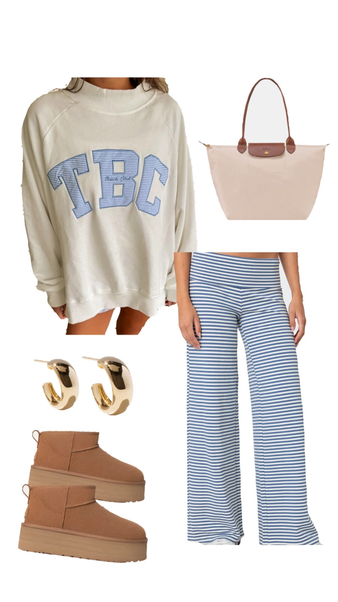 Cozy fall outfits, fall outfits, fall outfit inspo, cozy outfit inspo, sweatpants, wide leg pants, striped pants, the beach club, mockneck, Uggs, autumn outfits, sweatshirts, cute comfy outfits 
