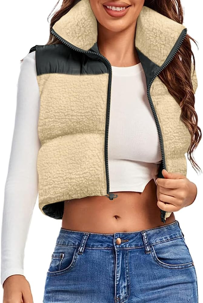 Fazortev Women's Puffer Vest Sherpa Fleece Crop High Stand Collar Jacket Lightweight Outwear | Amazon (US)