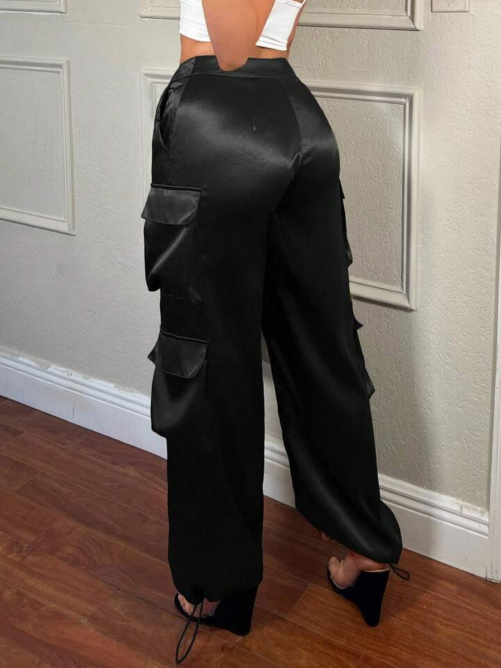 SHEIN SXY Streetwear Spring Festival Clothing Satin Work Pants Women Trousers With 3D Pockets | SHEIN