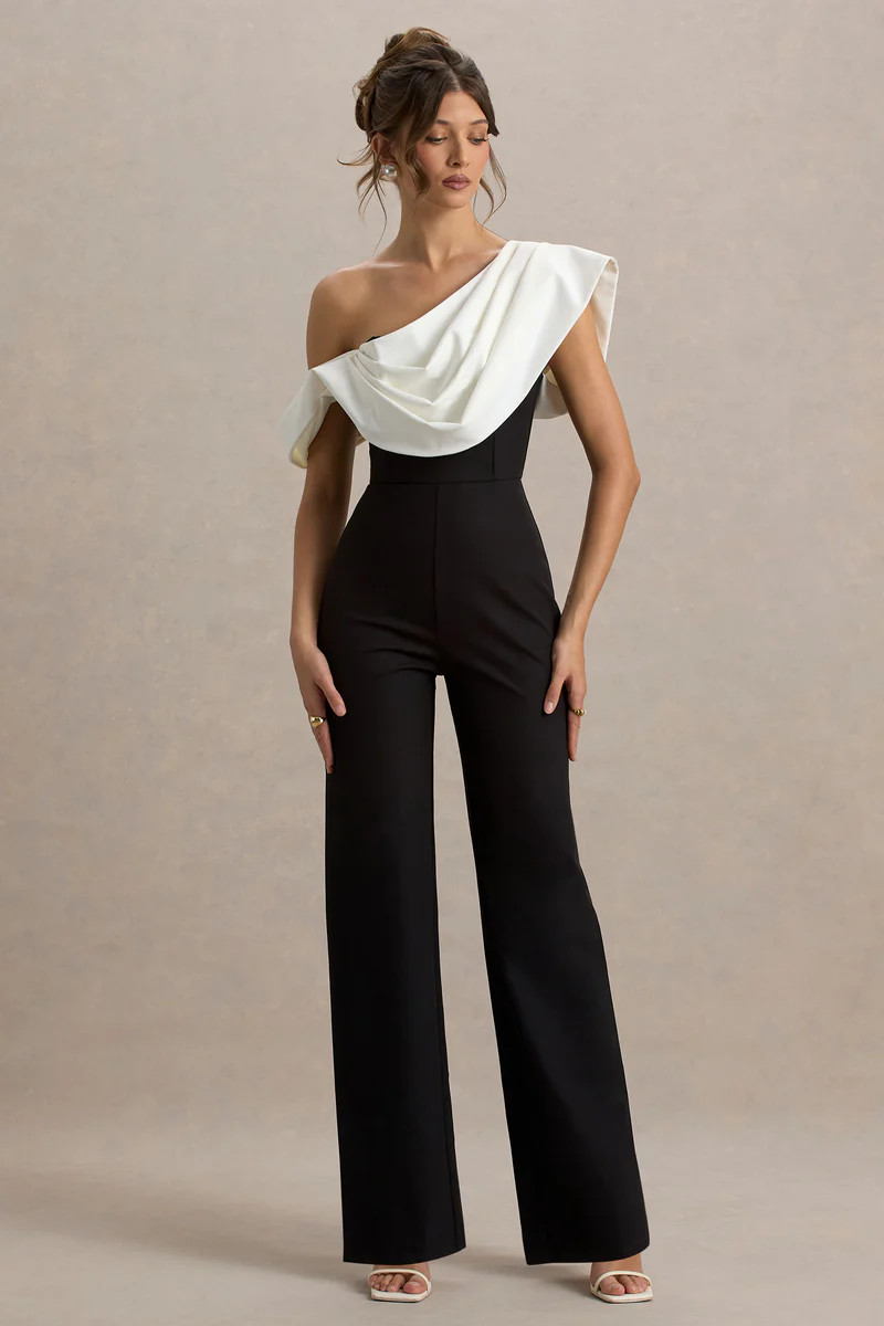 Falling For You  Black & White Asymmetric Draped Jumpsuit | Club L London