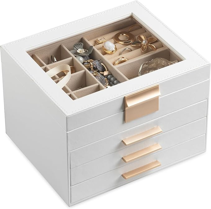 Frebeauty Jewelry Box with Clear Lid,4-Layer Jewelry Organizer with 3 Drawers,Faux Leather Jewelr... | Amazon (US)