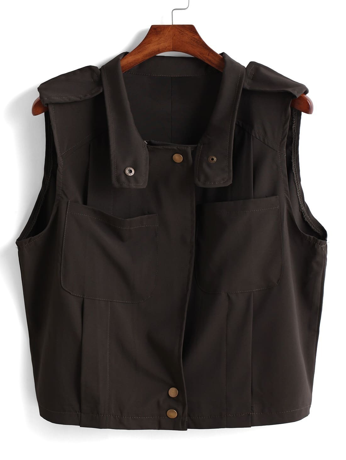 Lapel With Pockets Army Green Vest | ROMWE