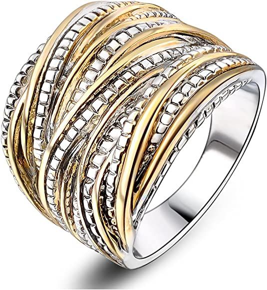 2 Tone Intertwined Crossover Statement Ring Fashion Chunky Band Rings for Women Men Gold Silver R... | Amazon (US)