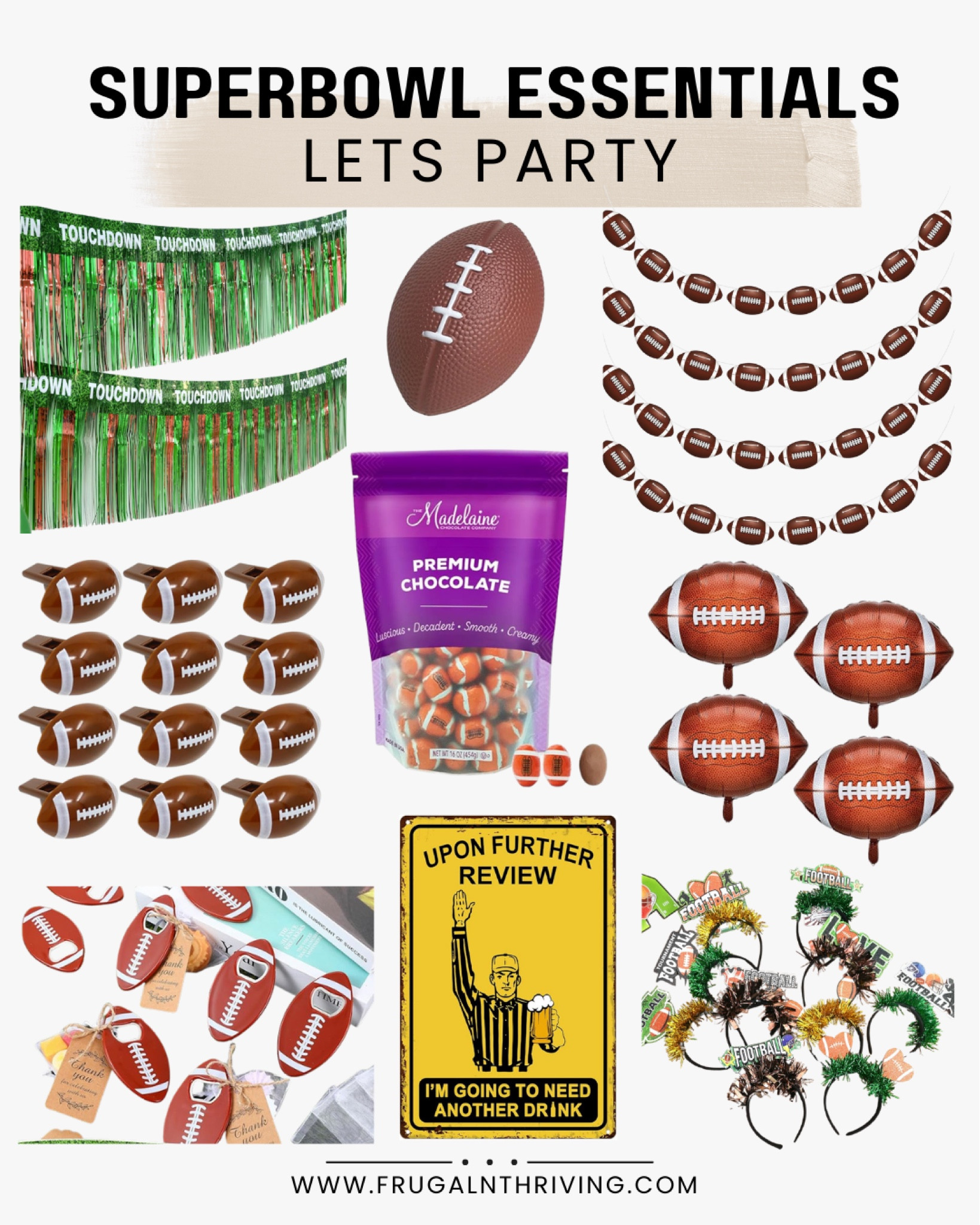 Hosting a Super Bowl party? Make sure you have all the essentials to create the ultimate game-day experience! From festive football decorations like banners, balloons, and garlands to themed tableware and fun accessories, these party must-haves will set the perfect atmosphere. Don’t forget the snacks—chocolate footballs, classic game-day favorites, and even some healthy options will keep your guests satisfied. Add in some football-themed headbands, bottle openers, and funny signs for extra fun. With the right setup, food, and décor, your Super Bowl party is sure to be a winning celebration!

#LTKSeasonal #LTKFamily #LTKParties