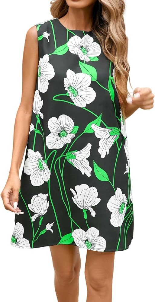 Women's 2025 Summer Sleeveless Tank Dress Crewneck Floral Print Pleated A Line Casual Short Mini ... | Amazon (US)