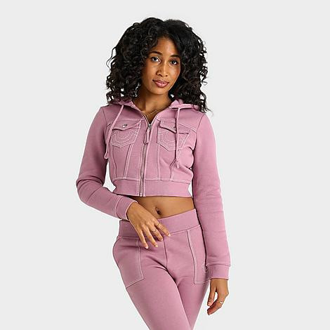 True Religion Women's Shrunken Big T Full-Zip Cropped Hoodie in Rose Size: Small | JD Sports (US)