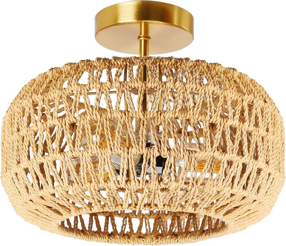 IBESTWIN Rattan Ceiling Light Fixtures, 3-Light 12.6 Inch Antique Brass Handmade Woven Boho Semi ... | Amazon (US)