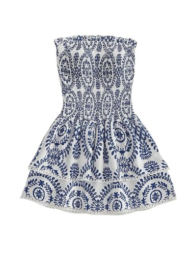 MakeMeChic Women's Summer Ruffle Dress Strapless Mini Dress Shirred Beach Vacation Dresses | Amazon (US)