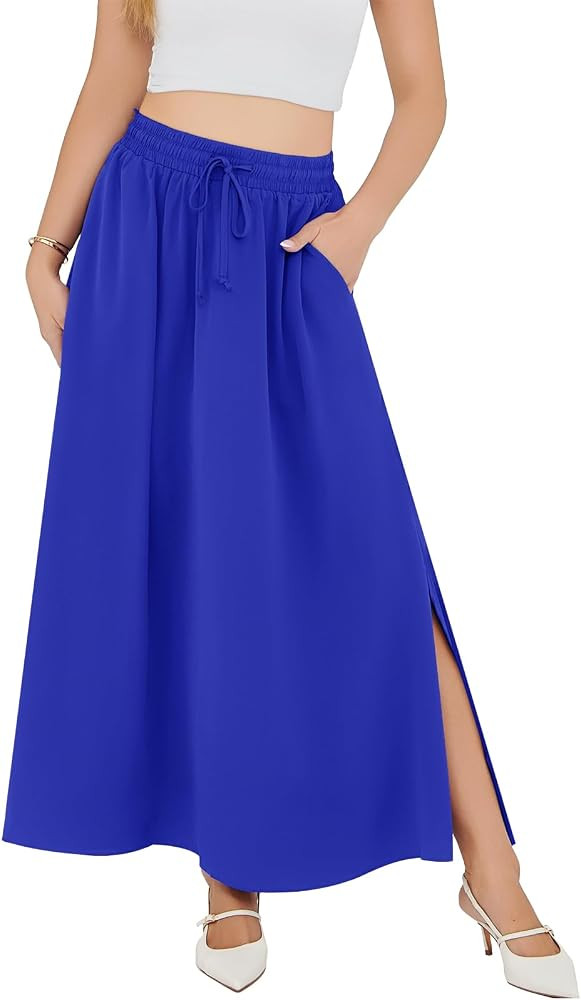 Askyes Womens Maxi Skirt Summer Trendy Side Slit Elastic High Waisted Boho Casual Beach Flowy Swi... | Amazon (US)