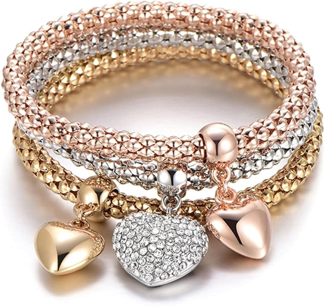 SILANER Crystal Charms Multilayer Bracelets - 3PCS Gold/Silver/Rose Gold Corn Chain Bracelet for ... | Amazon (US)