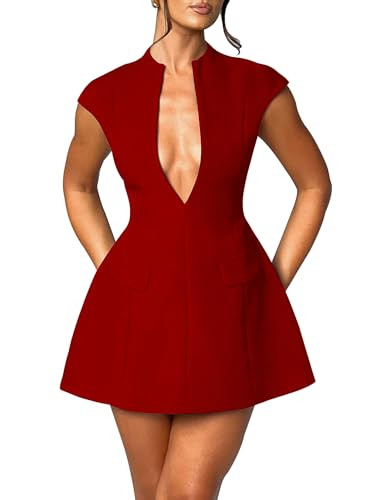 LuFeng Women's Summer Sexy Cap Sleeve Deep V Neck Zipper A-line Mini Dress Hollow Bodycon Night Out Party Dress | Amazon (US)