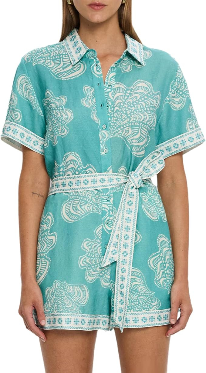 VOIKERDR Womens Romper Short Sleeve Button Down Blouse Short Jumpsuit Casual One Piece with Belt | Amazon (US)