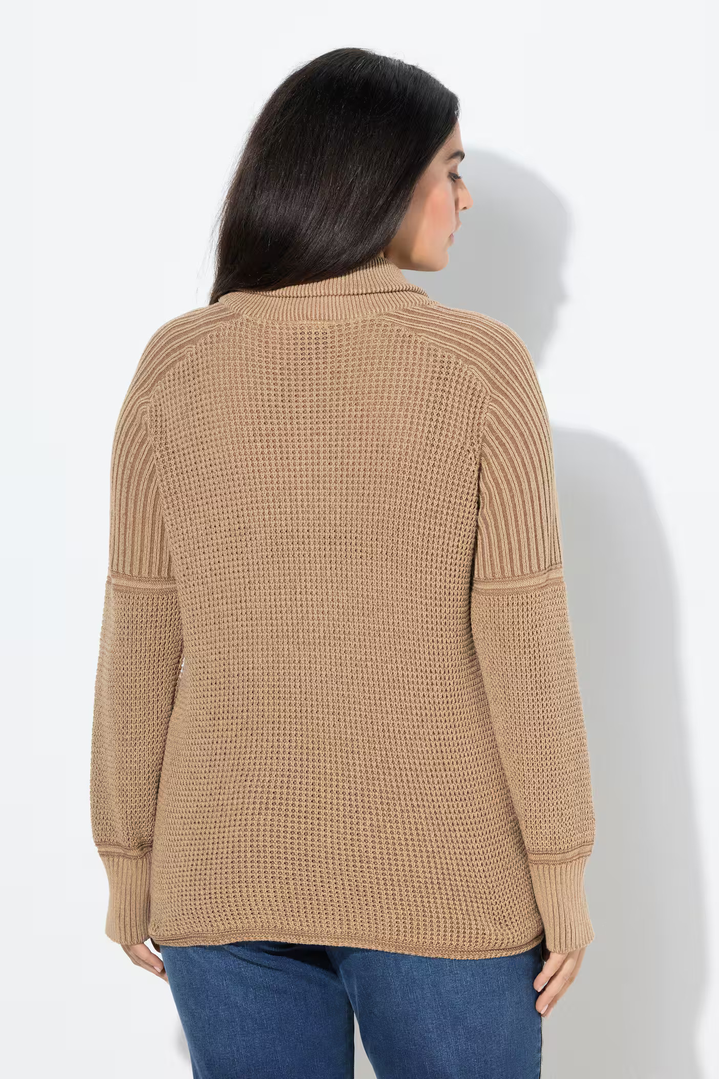 Two-Tone Mixed Knit Troyer Collar Sweater | Ulla Popken - US