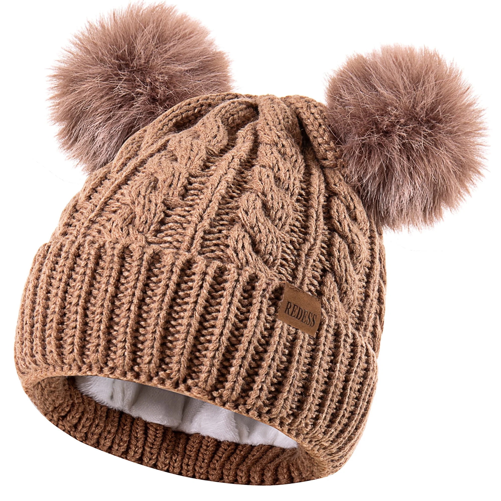 REDESS Women's Winter Beanie Hat with Two Pompoms and Warm Fleece Lining-Khaki | Walmart (US)
