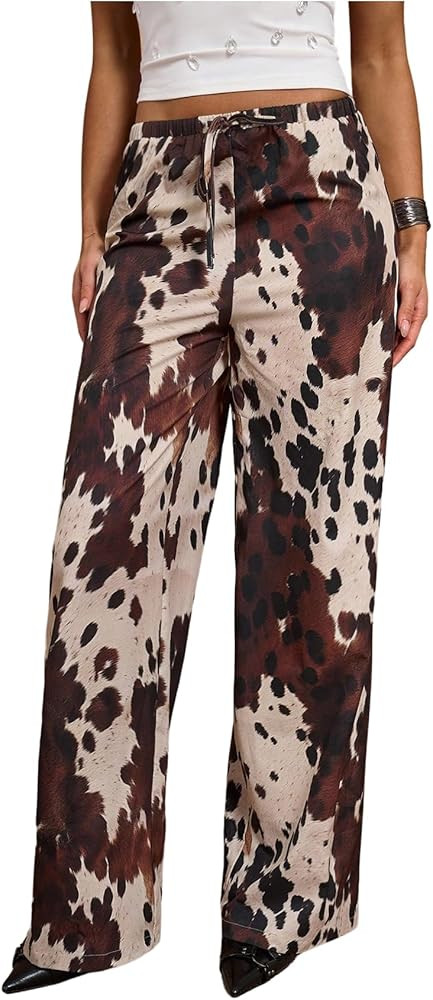 MakeMeChic Women's Cow Print Wide Leg Pants Low Waist Drawstring Baggy Trousers | Amazon (US)