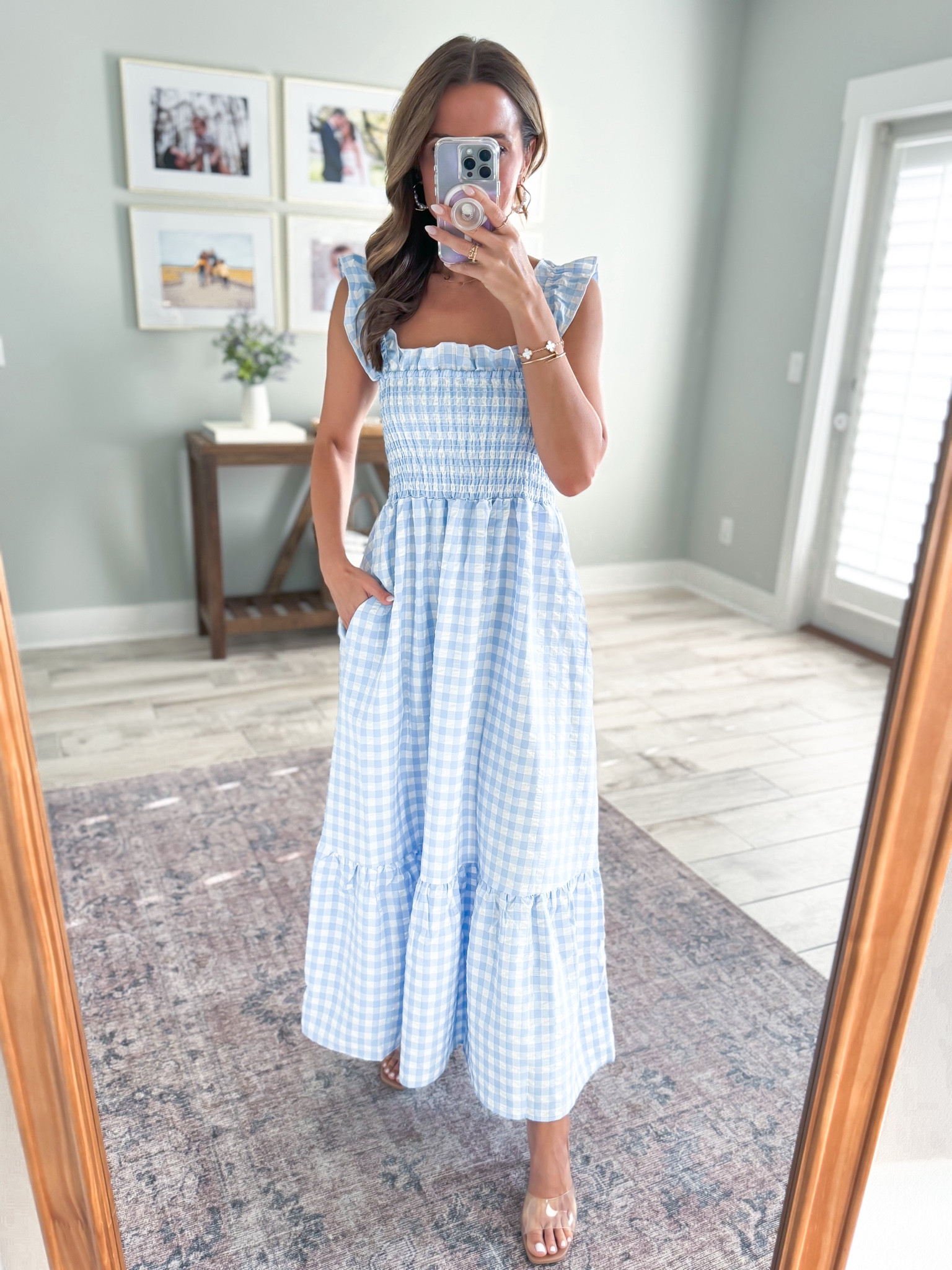 Amazon Gingham dress in XS. Has pockets and is smocked/stretchy on top. It’s a perfect length on me with heels or flats and I’m 5’3. I LOVE this!! Summer dress. Vacation dress. Resort wear. Summer outfit. 

#LTKSaleAlert #LTKTravel #LTKParties