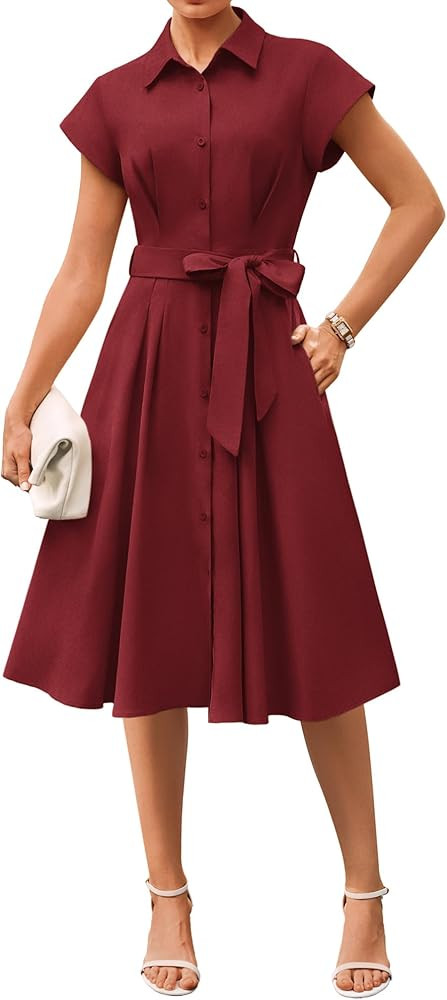 GRACE KARIN Womens Short Sleeve Shirt Dresses 2026 Summer Midi Button Down Dress Work Business Ca... | Amazon (US)