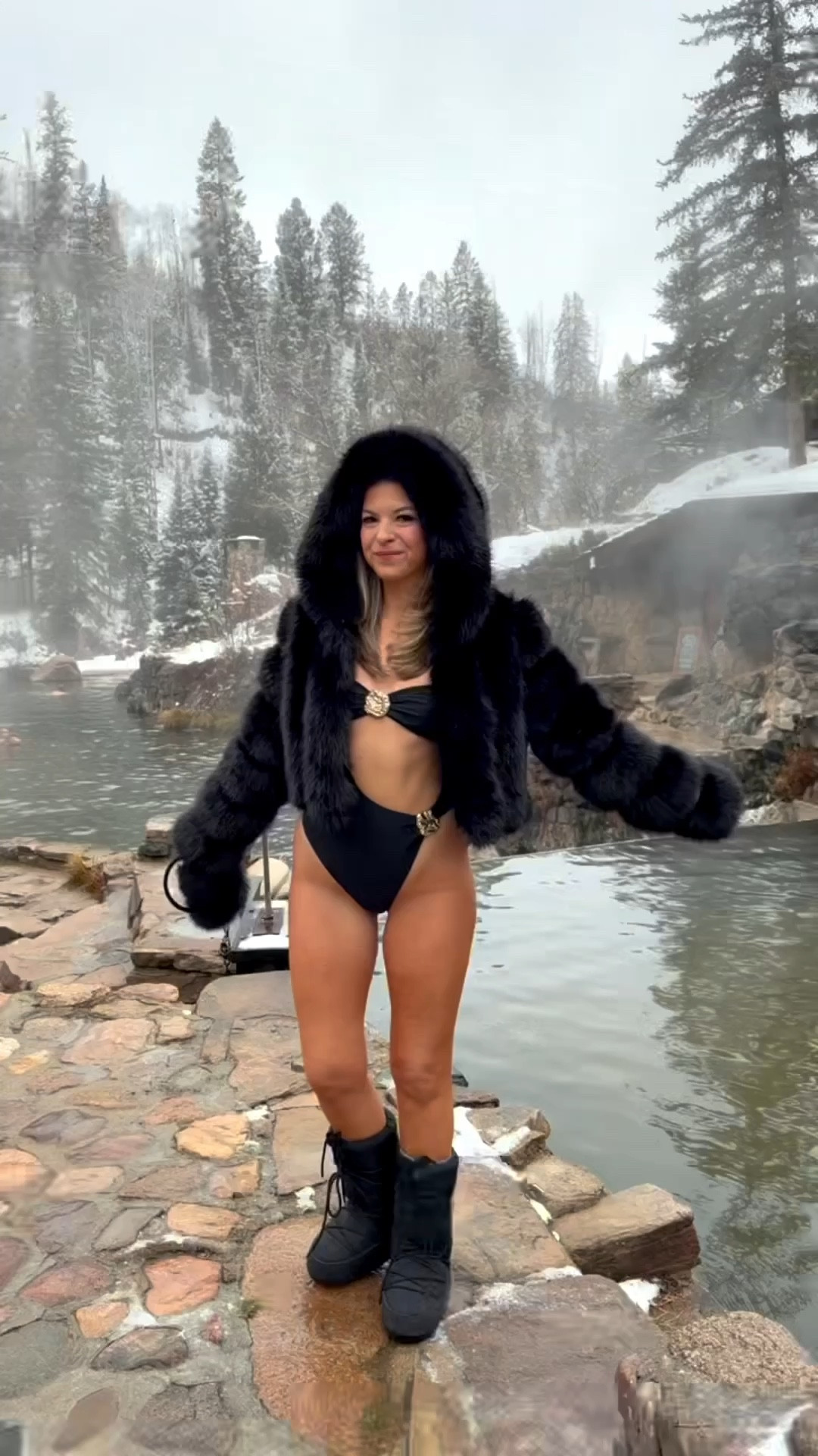 Cupshe black cutout one piece with fur coat and moon boots for the hot springs today! 

Wearing my usual smalls

Winter vacation
Hot springs
Swimwear
Cropped fur coat
Ski boots
Cold weather
Winter swim 


#LTKHoliday #LTKTravel #LTKgrwm
