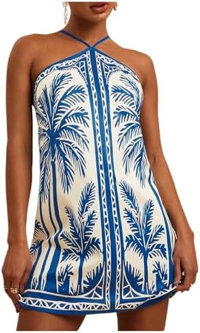 MakeMeChic Women's Backless Dress Tropical Vacation Outfits Halter Cami Summer Boho Beach Mini Dr... | Amazon (US)