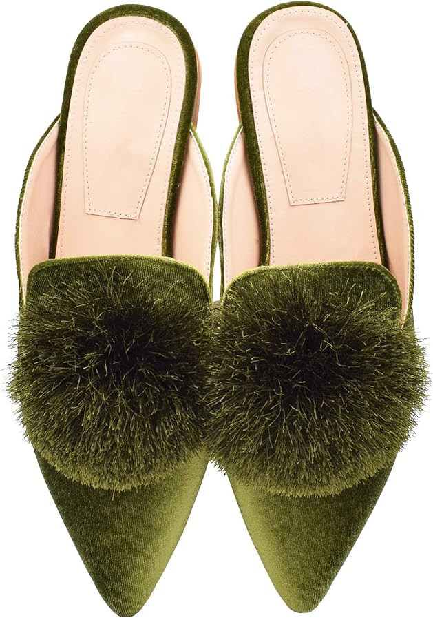 Fericzot Slip On Mule Backless Loafers Flats Puff Pompom Pointed Toe Casual Shoes Slippers | Amazon (US)