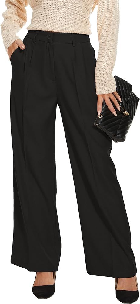 FUNYYZO Women Wide Leg Pants High Elastic Waisted Business Work Trousers Long Straight Pants at A... | Amazon (US)