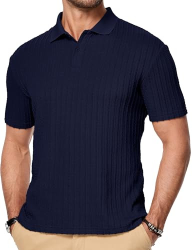 JMIERR Mens Polo Shirt Short Sleeve Casual Beach White Button Up Vacation Knit Shirt Texture, M a... | Amazon (US)