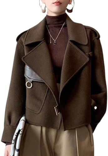utcoco Women Cropped Wool Coats Warm Pea Coat Notched Lapel Open Front Trench Overcoat Jackets wi... | Amazon (US)