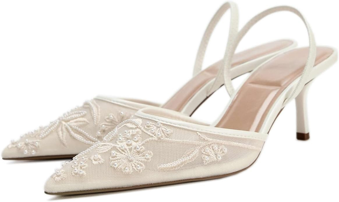Kluolandi Women's Embroidered Slingback Kitten Heels with Pearls Breathable Mesh Pointed Toe Pump... | Amazon (US)