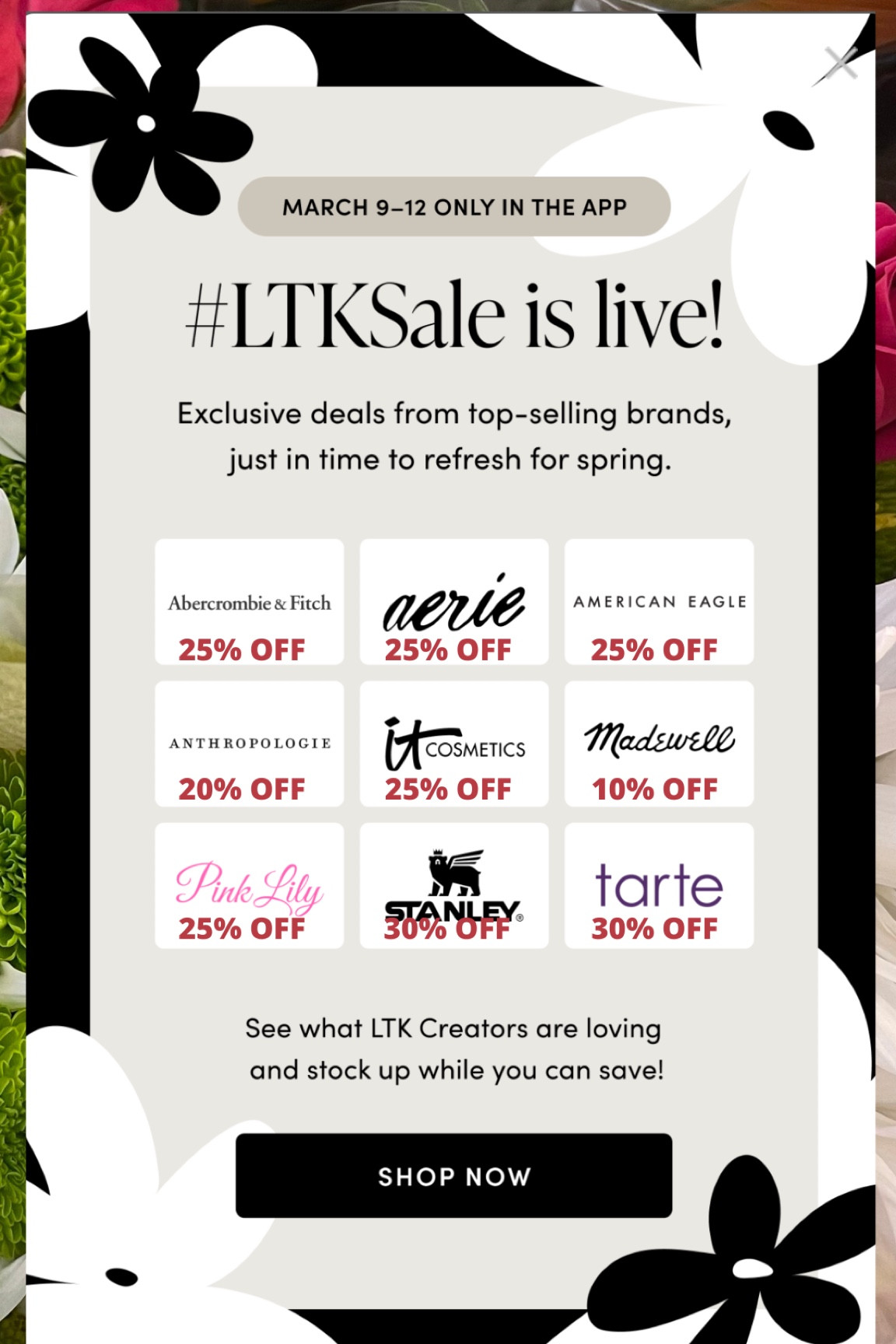LTK SALE- these are all the participating stores that have discount codes by shopping through the app.

HOW TO SHOP
1. FIND THE STORE YOU WANT TO SHOP BELOW
2. TAP "COPY PROMO CODE"
3. TAP "SHOP NOW"
You can shop ANYTHING on the site now with the LTK discount code!
#LTKSale #LTKsalealert # LTKunder100

#LTKsalealert #LTKSale #LTKFind