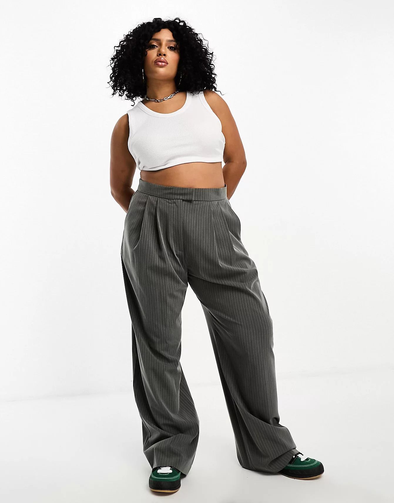 ASOS DESIGN Curve wide leg pleated striped pants in gray | ASOS (Global)