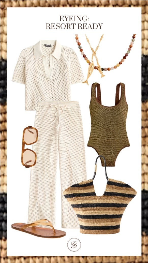 Resort ready
Vacation style 
Coverup
One piece 
Beach bag
Flip flops 