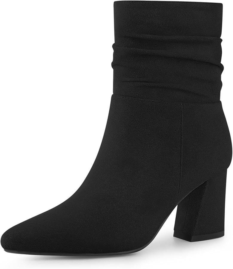 Allegra K Women's Pointy Toe Slouched Zipper Chunky Heel Ankle Boots | Amazon (US)