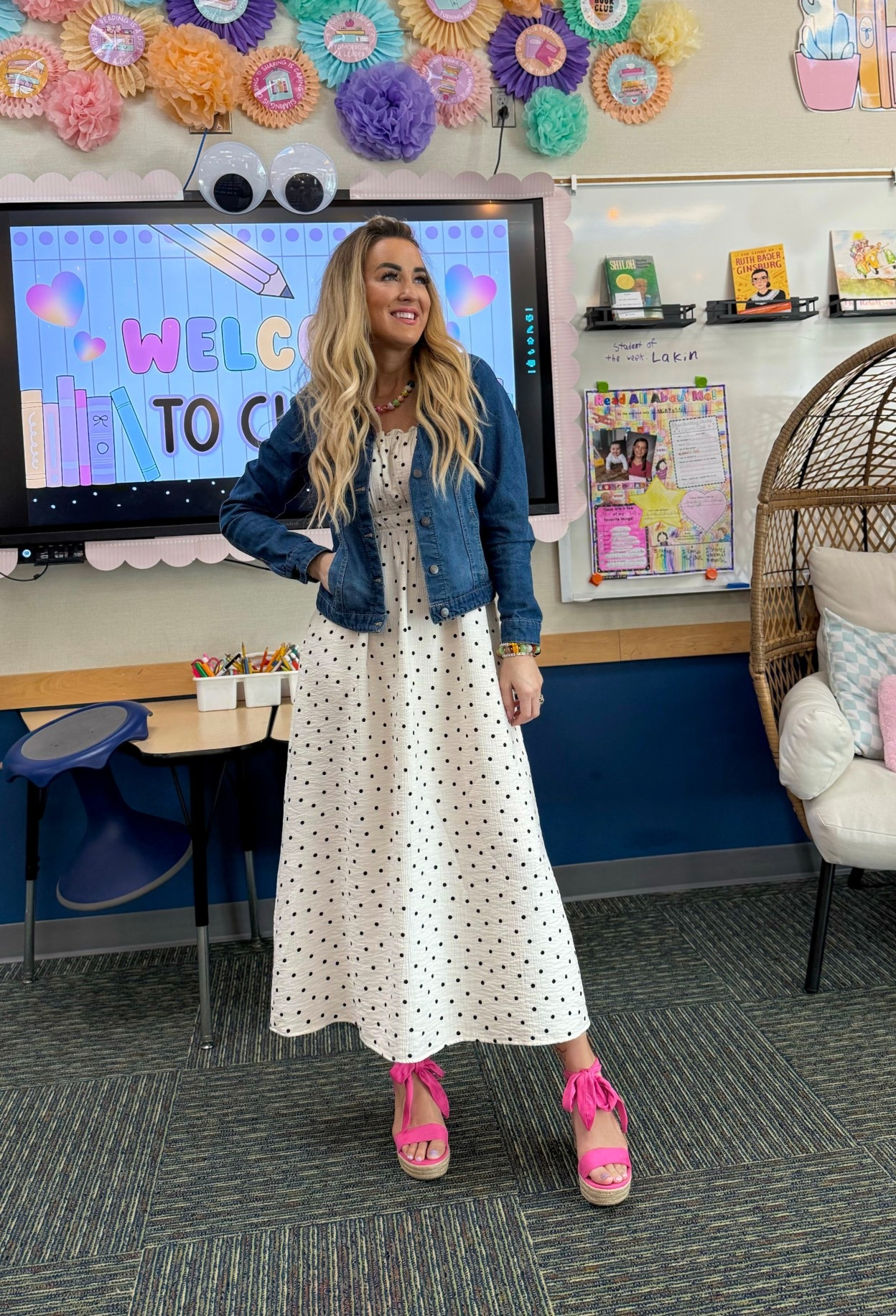 Teacher outfit idea with a denim jacket and midi dress 💙 This polka dot dress is lightweight, flattering, and perfect for the classroom or everyday wear. It has cute ruffle straps that are sooo cute  Paired with a classic denim jacket and bright pink platform sandals for a fun pop of color. Comfortable, modest, and easy to style for spring and summer!
