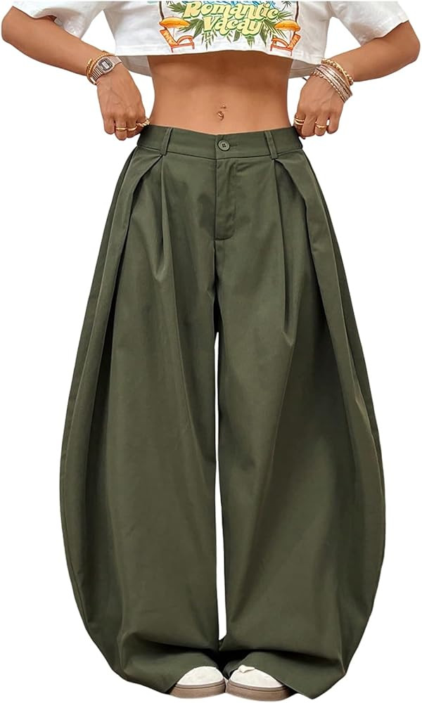 Milumia Women's Y2k Low Waist Wide Leg Baggy Pants Pleated Loose Fit Casual Trousers | Amazon (US)