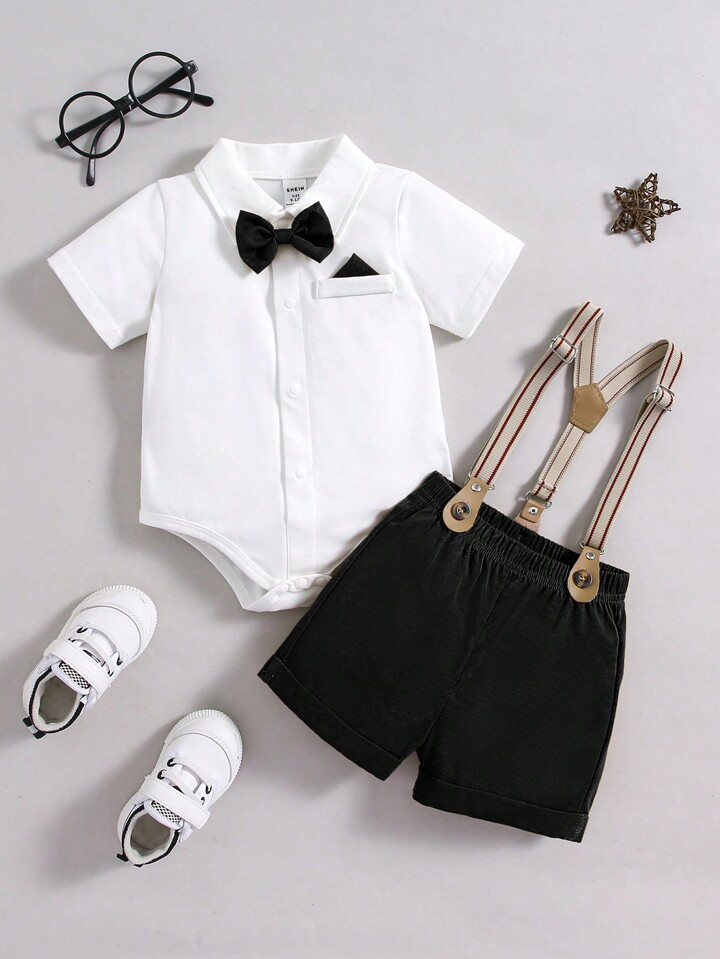 SHEIN 2pcs/Set Baby Boys Casual College Style Elegant Bow Knot Turn-Down Collar Short Sleeve Body... | SHEIN