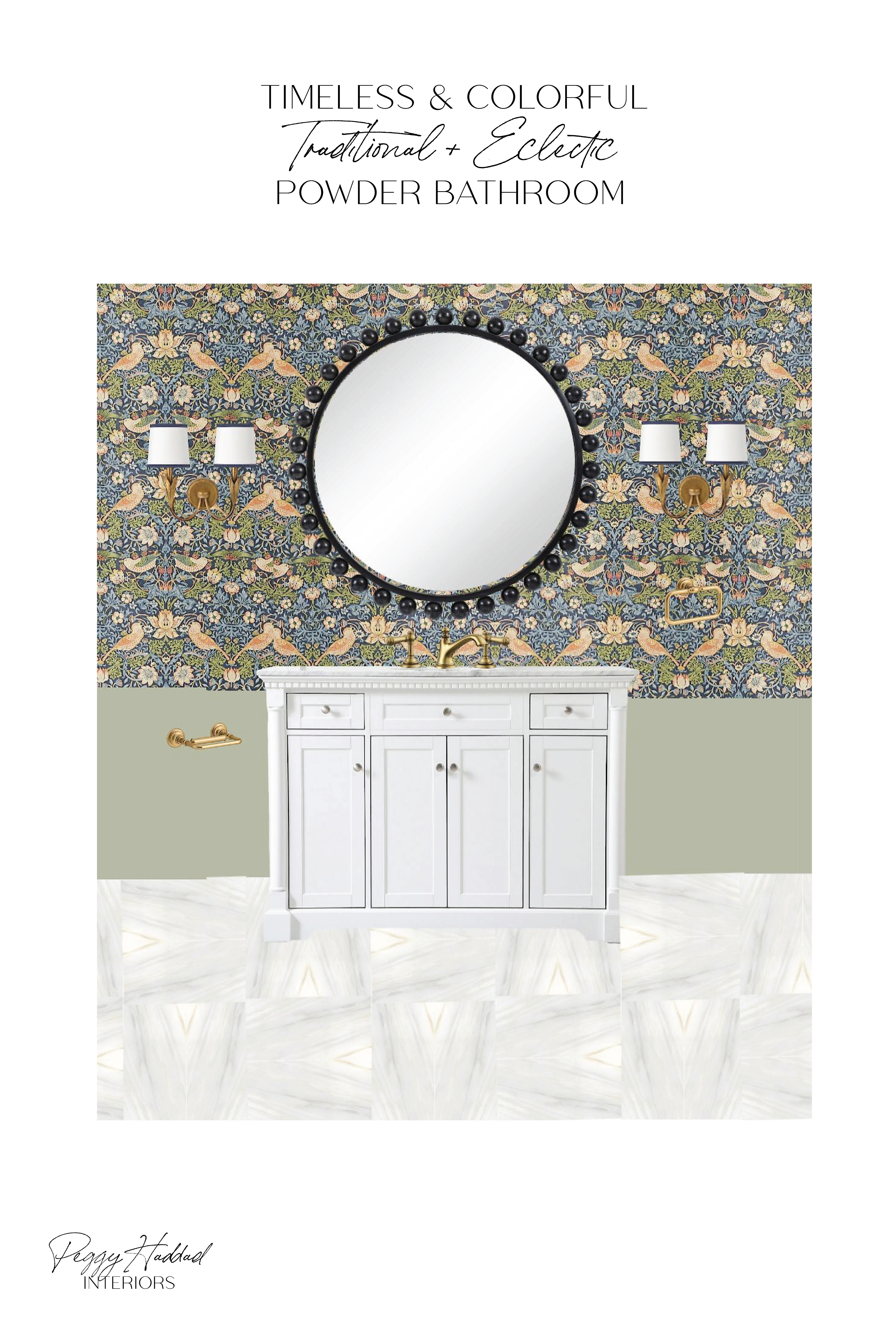 Powder bathrooms may be small, but they are some of the best rooms in the house for taking a design risk. You are not committing to wallpapering an entire living room or painting your whole kitchen green—although, for the record, we support both when done well. A powder room gives you the chance to create one highly memorable, personality-filled moment.
For Project Eclectic Traditional, also known as Project Equestrian Traditional, we treated this powder bathroom like a tiny jewel box. The goal was to pull together the rich, colorful palette used throughout the home and create a space that felt bold, classic, and a little unexpected.

This eclectic traditional powder bathroom featuring bold wallpaper centers around William Morris’s iconic Strawberry Thief wallpaper, layered with deep burgundy, earthy green, warm brass, and crisp marble-style flooring. The result is a moody, colorful powder room that feels old-world and fresh at the same time.

#LTKHome