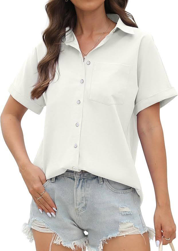 CUNLIN 100% Cotton Short Sleeve Shirts for Women Button Down Shirt Womens Blouses Casual Summer T... | Amazon (US)