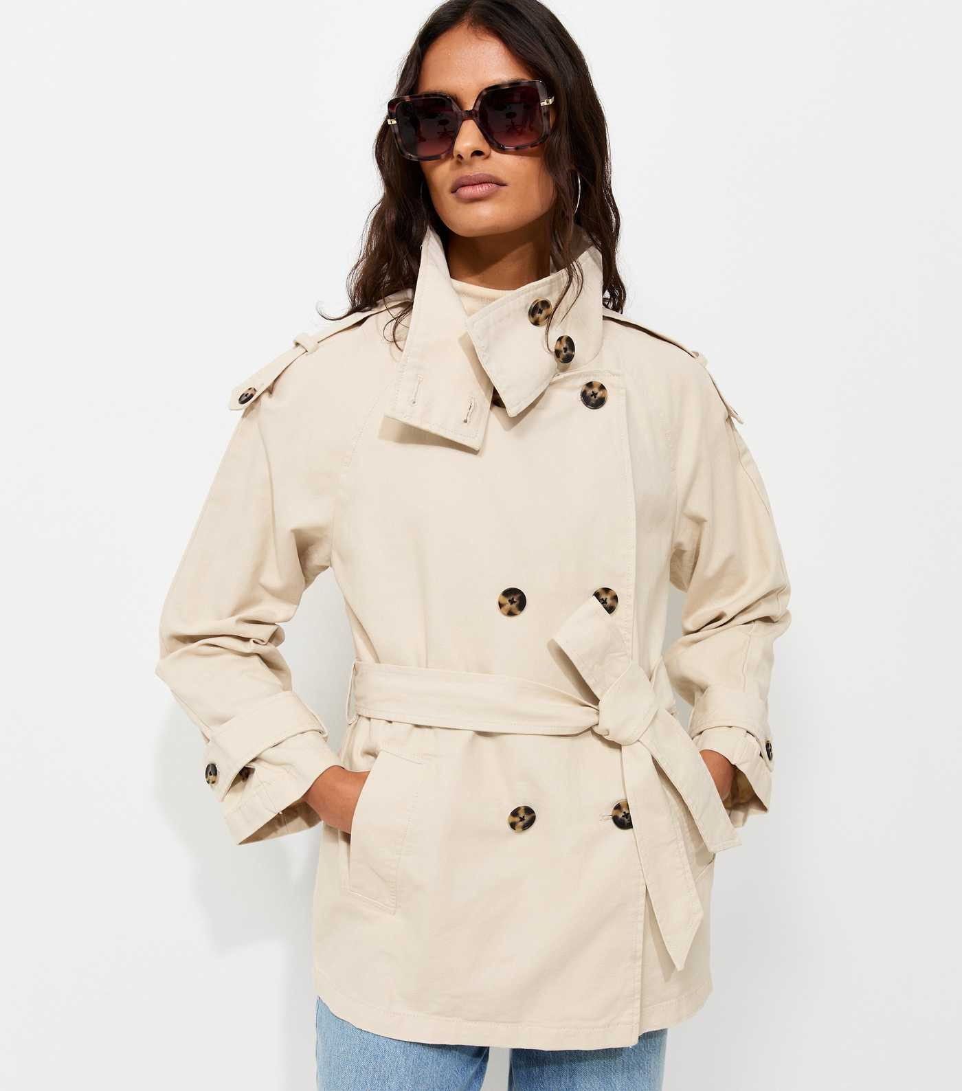 Stone Cotton Funnel Neck Tie Waist Trench Jacket | New Look | New Look (UK)
