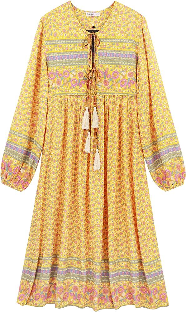 R.Vivimos Women's Long Sleeves Floral Print Retro V Neck Tassel Casual Bohemian Midi Dresses | Amazon (US)