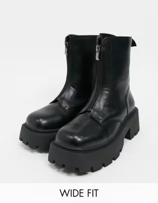 Truffle Collection wide fit front zip boots with exaggerated sole in black | ASOS (Global)