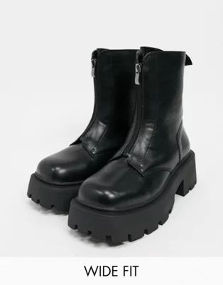 Truffle Collection wide fit front zip boots with exaggerated sole in black | ASOS (Global)