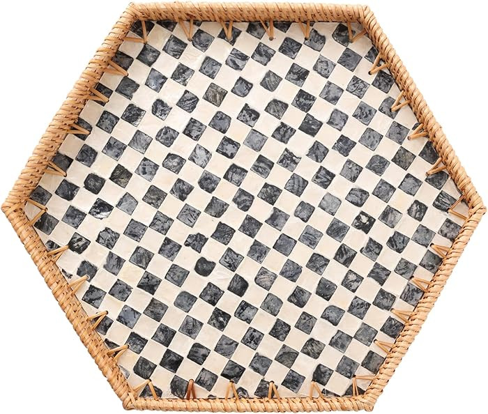 Hexagon Rattan Tray with Mother of Pearl Inlay, Rattan Serving Tray for Coffee, Bread, Fruits, Sn... | Amazon (US)