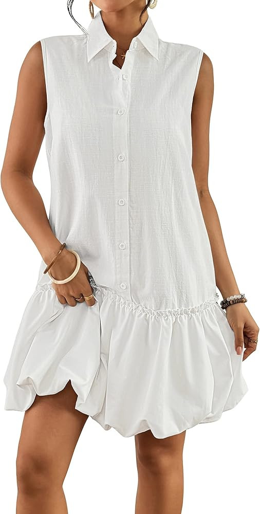 Bsubseach Womens Casual Summer Dresses Sleeveless Linen Bubble Mini Short Dress Button Down Shirt... | Amazon (US)