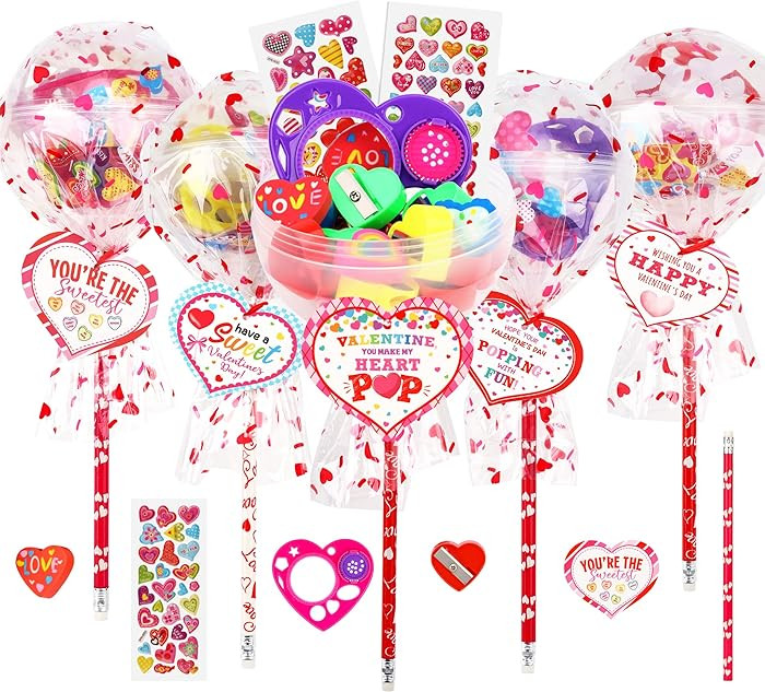POPGIFTU Valentine’s Day Gifts for Kids–28 Pack Giant Lollipop-Shaped Stationery Set with Hea... | Amazon (US)